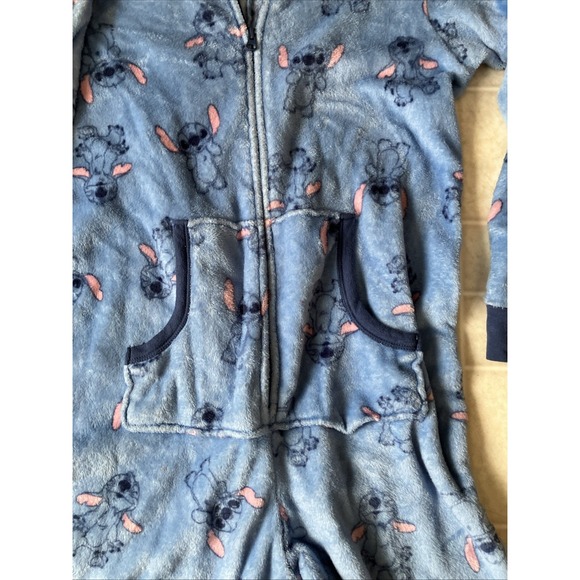 Disney Lilo & Stitch One-piece Pajamas Womens Large Blue Faux Fur Hooded - Picture 2 of 4